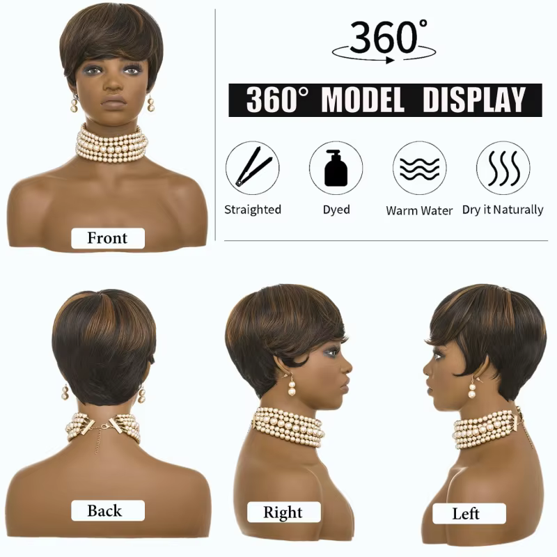Perruque courte ondulée naturelle noire-brun style pixie avec frange