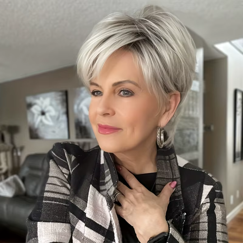 Perruque synthétique tendance pour femme - Bob court gris naturel
