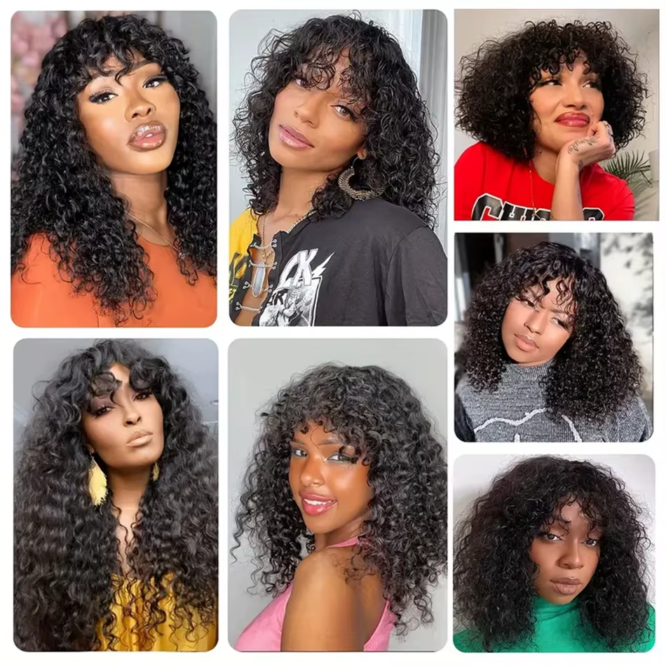 Perruque brésilienne en cheveux humains ondulés avec frange, qualité 15A, fabriquée à la machine pour femmes noires, perruques bouclées à ondulations profondes à prix réduit en promotion