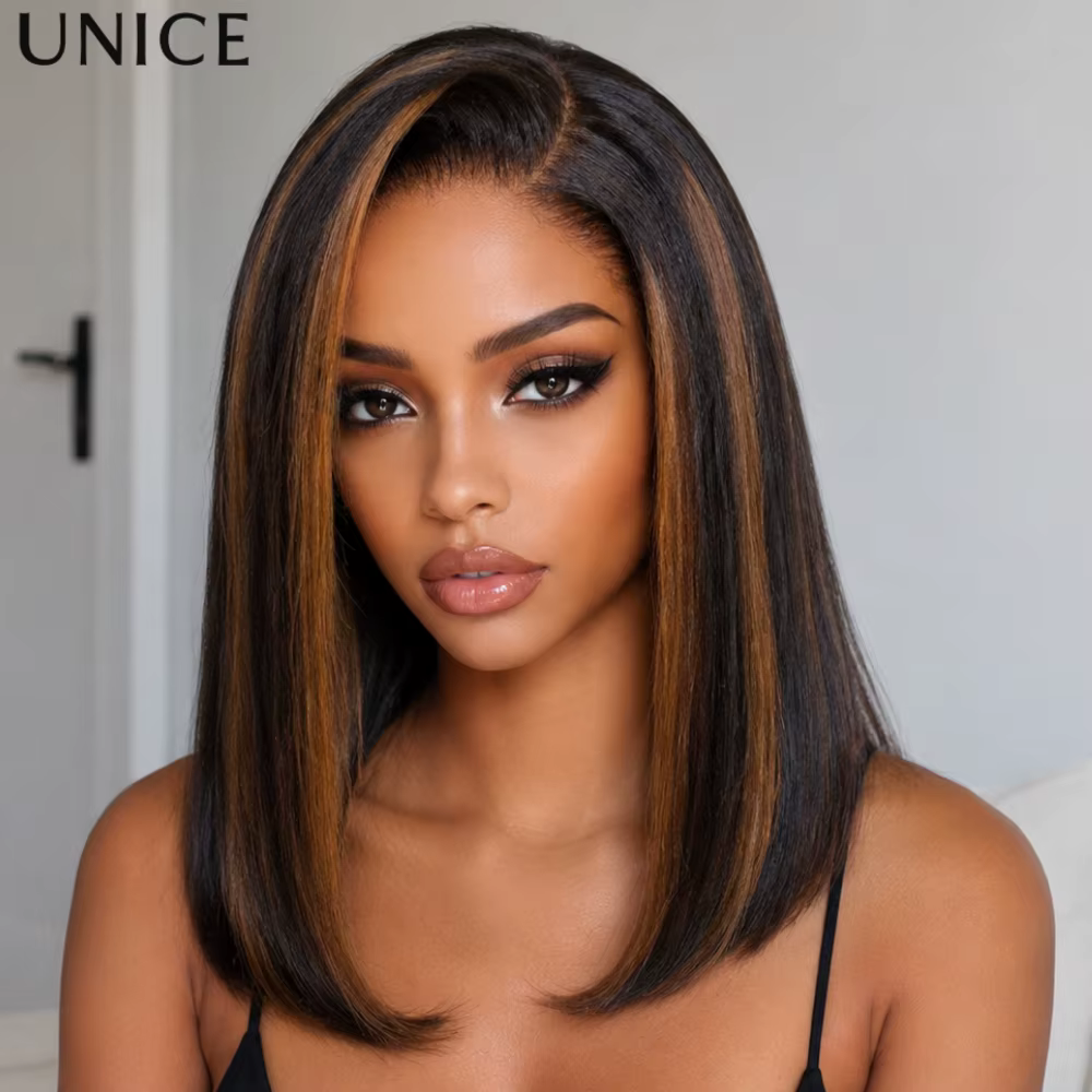 Perruque Bob UNICE Blonde Highlight Water Wave avec cordon de serrage Bye-Bye Slip 7x5 Lace Glueless 100% Cheveux Humain
