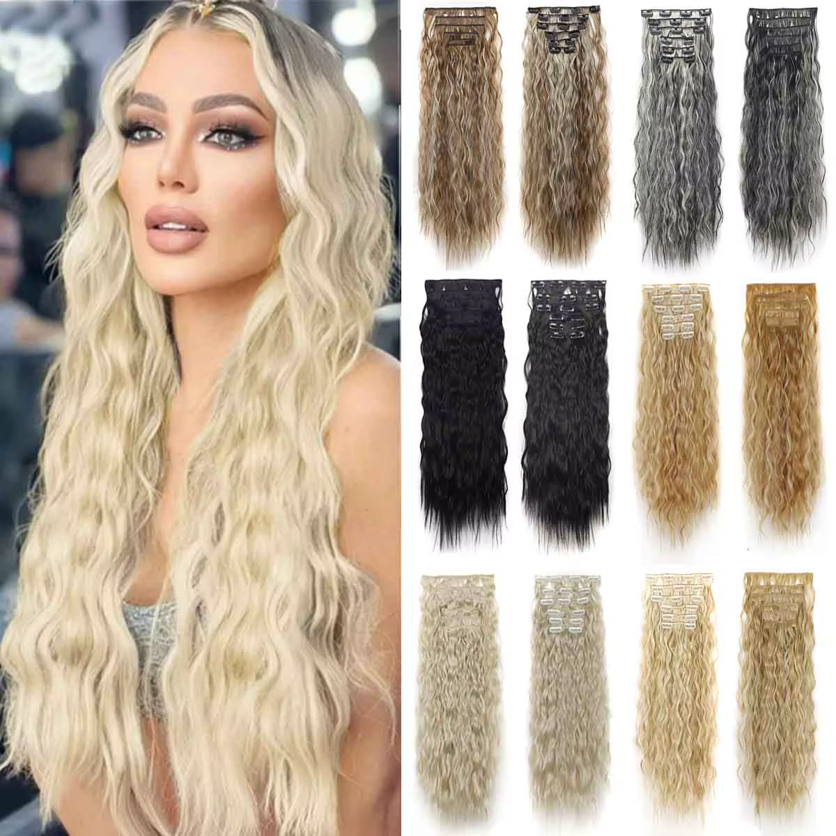 Extensions de cheveux synthétiques ondulées à clipser