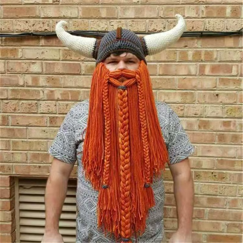 Chapeau Masque Cornes Viking Homme Barbu – Bonnets Hiver Amusants Faits Main pour Hommes – Accessoire de Fête de Noël