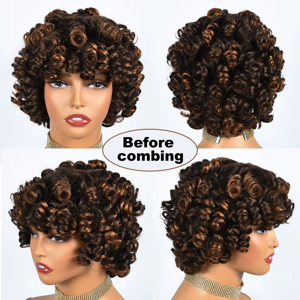 Hairugo-Perruque de Cheveux Humains Bouclés Coupe Pixie à Reflets