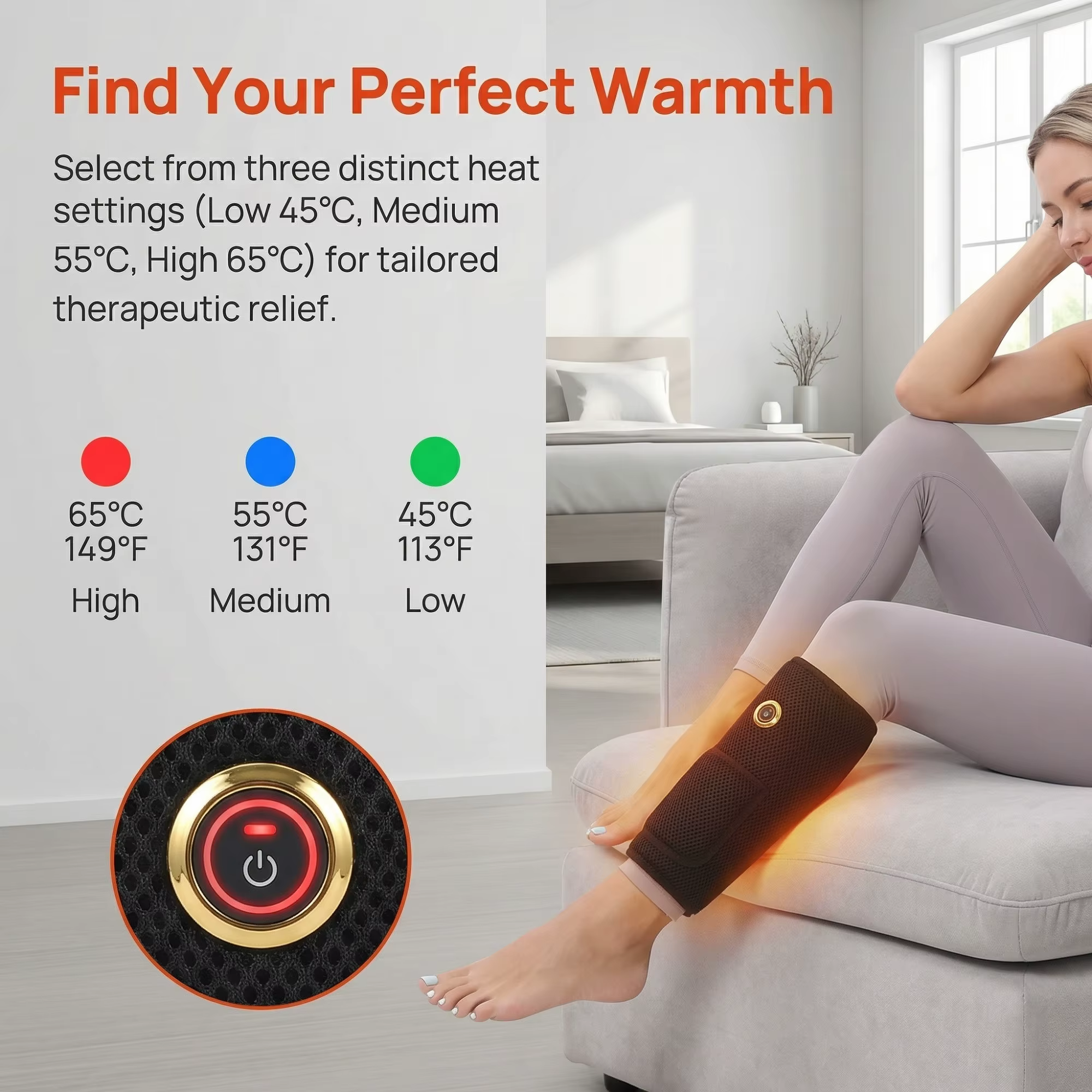 Masseur électrique pour mollets avec fonction chauffante et pétrissante pour la circulation sanguine, la relaxation musculaire et contrôle de la température programmable.
