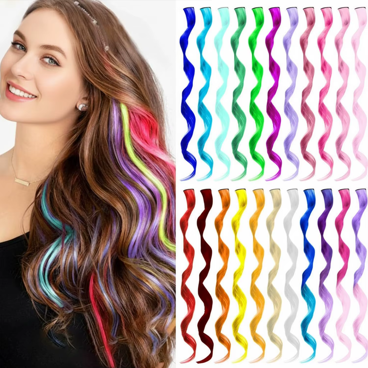 6 Pièces Extensions de Cheveux Noirs 22 Pouces Bouclées Ondulées Colorées à Clipser pour Enfants Filles Synthétiques – Idéales pour les Fêtes