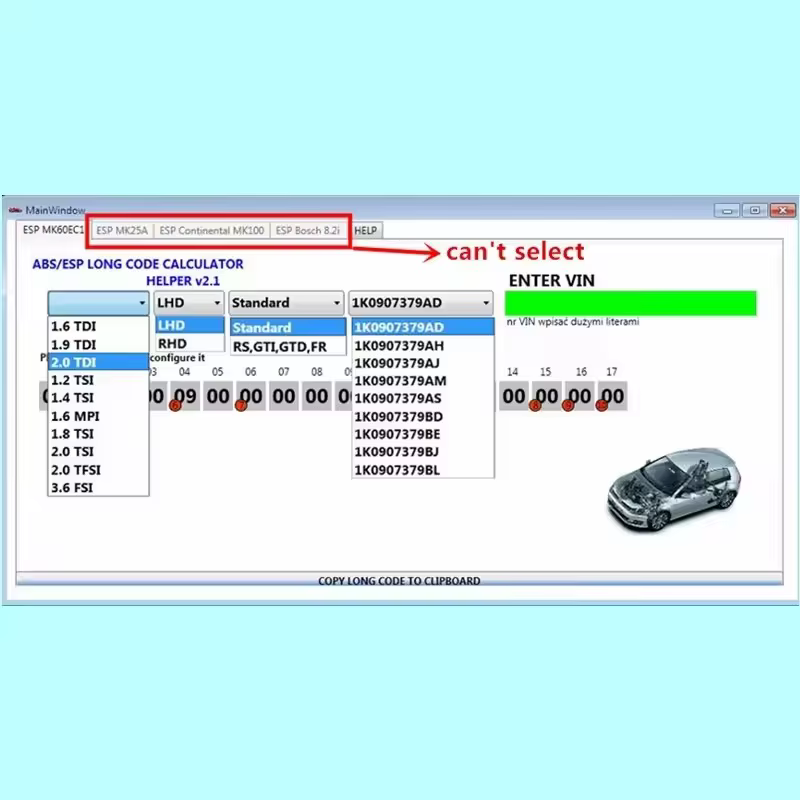 Le plus récent logiciel pour VW ABS ESP calculatrice à Code Long Helper MK60EC1 ABS ESP logiciel de calculatrice à Code Long + installation illimitée
