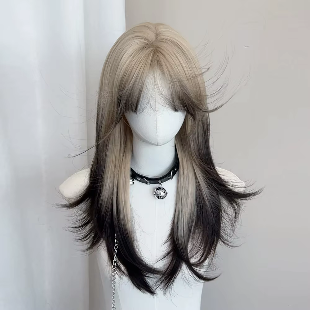 Perruque synthétique superposée noire Blonde ombrée pour Cosplay Lolita