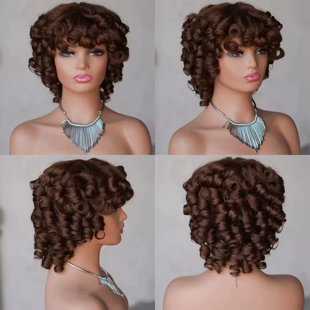 Perruque courte bouclée Funmi prête à porter, entièrement fabriquée à la machine, avec frange, sans colle, boucles lâches, en cheveux humains vietnamiens pour femmes