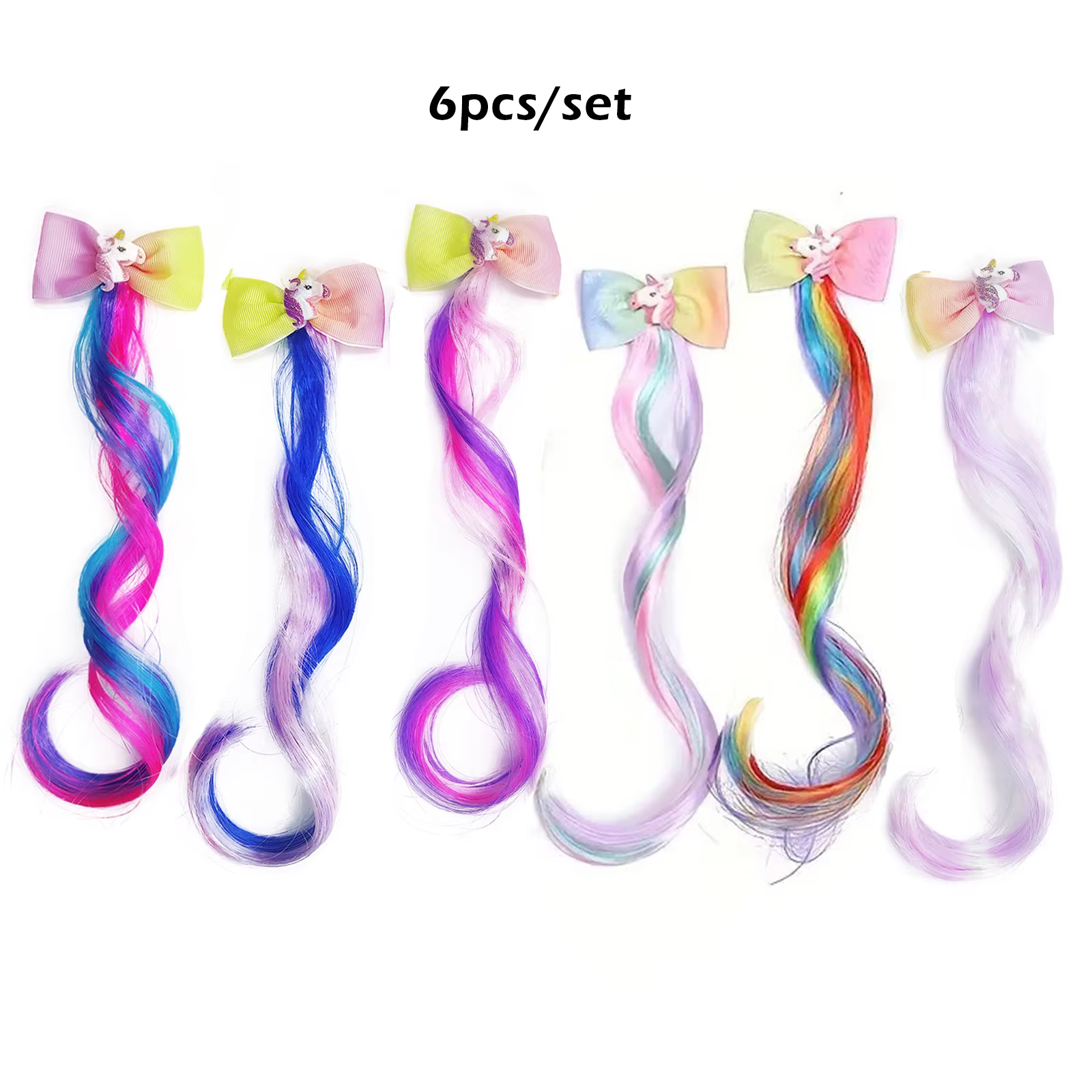 Extensions de cheveux bouclés à clips, postiches de couleur arc-en-ciel avec nœuds crocodile mignons pour filles, idéal pour cadeaux, vacances, 6 pièces