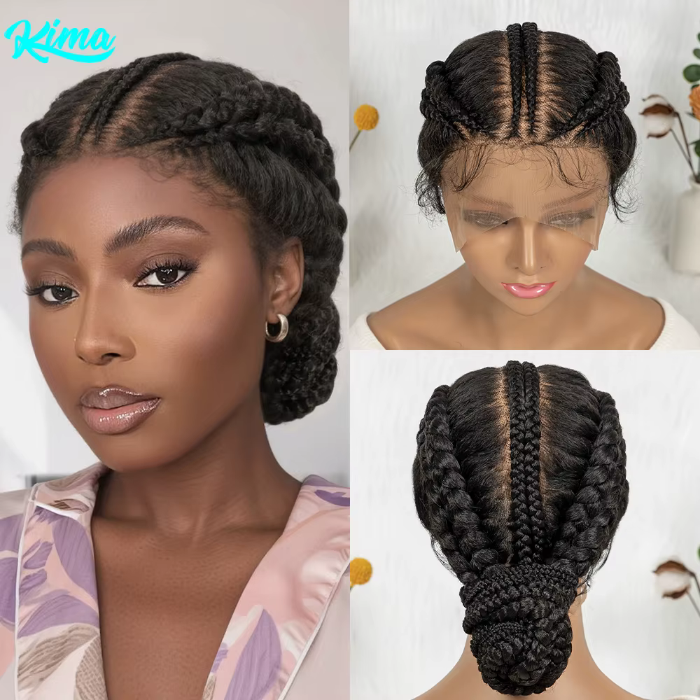 Perruque tressée Lace Front Cornrow, tresses synthétiques Box Braids, perruque chignon haut avec baby hair pour femmes africaines, fibre résistante à la chaleur