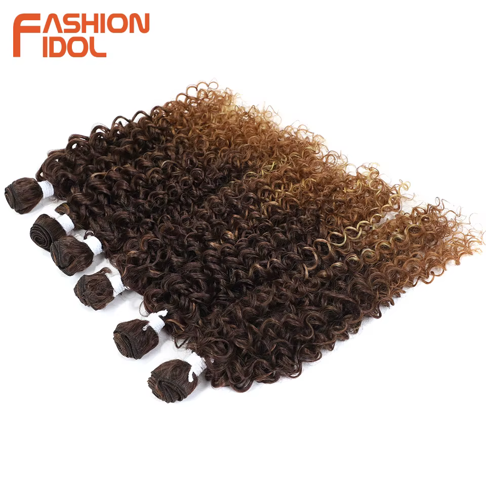 Extensions de cheveux afro bouclés crépus FASHION IDOL, 14-18 pouces, 6 pièces, mèches synthétiques, tissage, ombré brun, cheveux artificiels