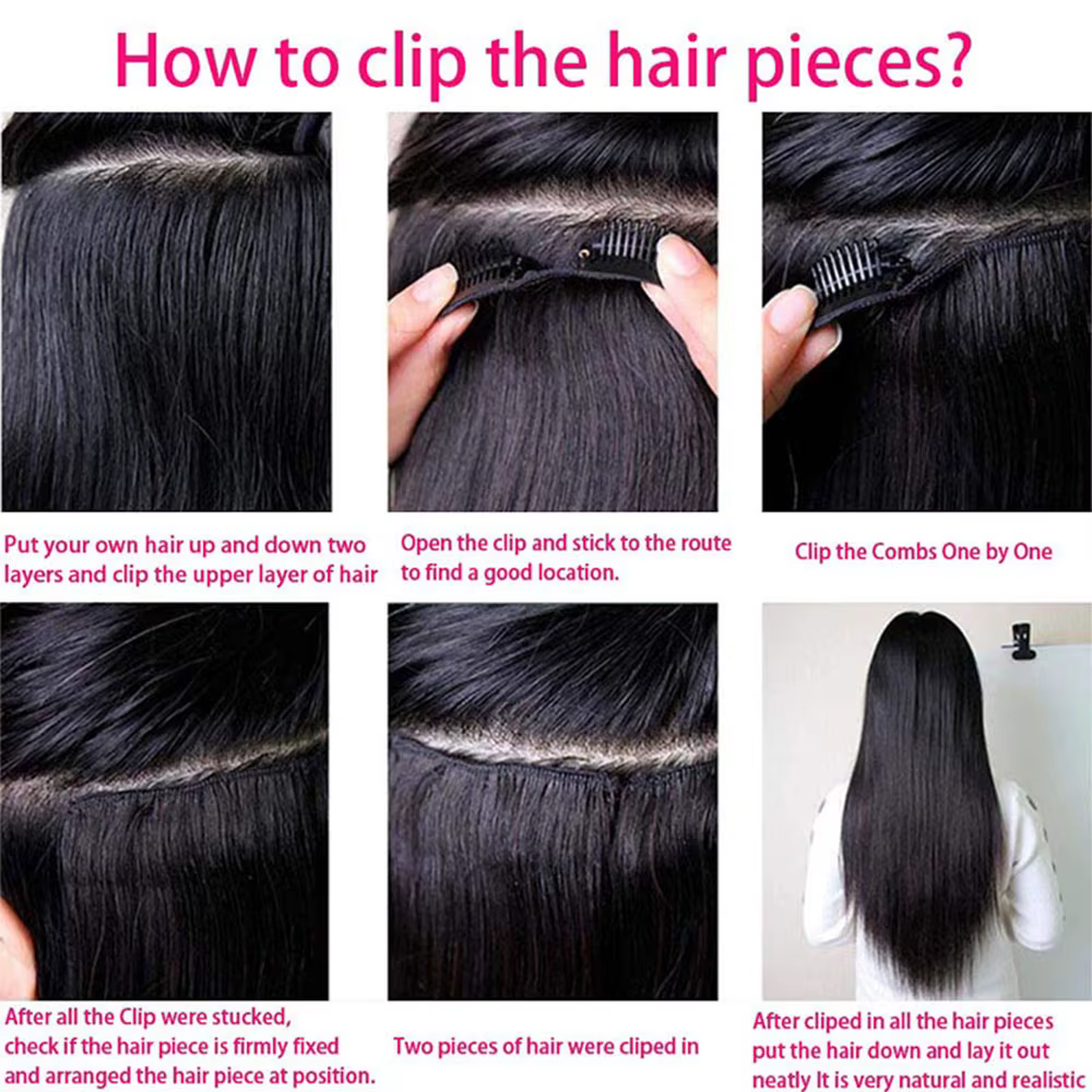 Extensions de cheveux naturels à clipser, 120g, lot de 8 pièces, cheveux vierges 100% humains, noir naturel