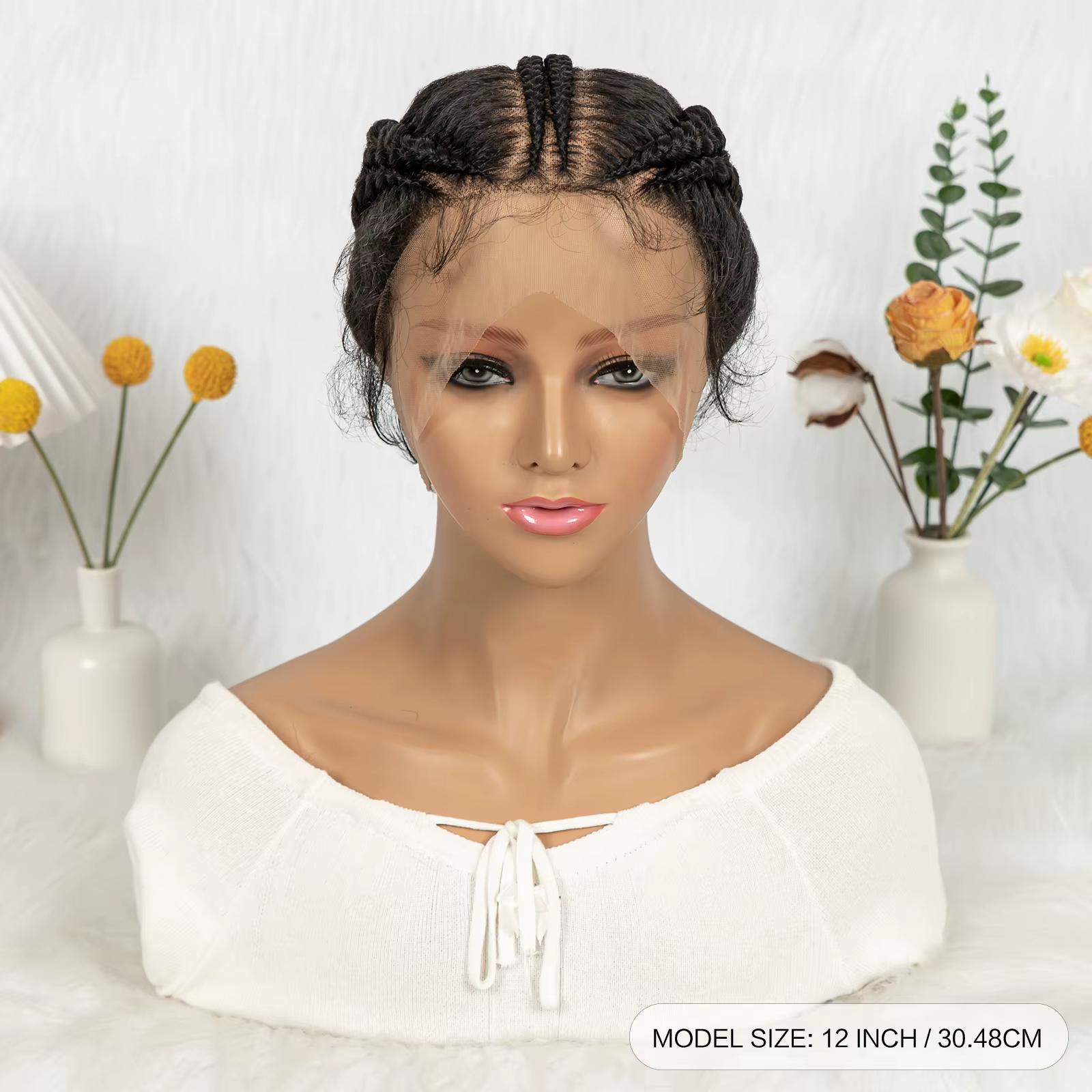 Perruque tressée Lace Front Cornrow, tresses synthétiques Box Braids, perruque chignon haut avec baby hair pour femmes africaines, fibre résistante à la chaleur