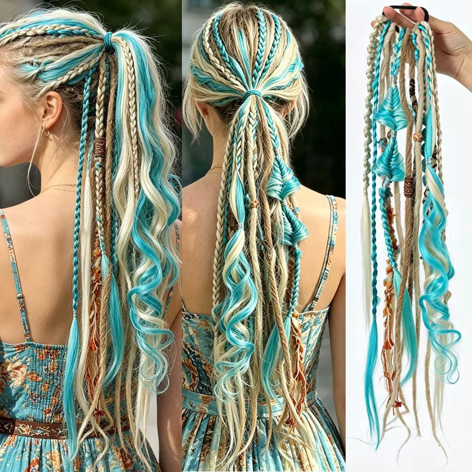 Extensions de cheveux synthétiques tressées longues style bohème pour un port facile et une utilisation simple pour les femmes au quotidien, pour les fêtes, Halloween, Noël, les vacances
