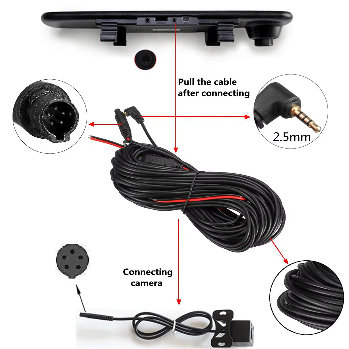 Extension de câble Aux 2.5mm 10M/15M, câble usb 5 broches pour caméra de recul et enregistreur de voiture