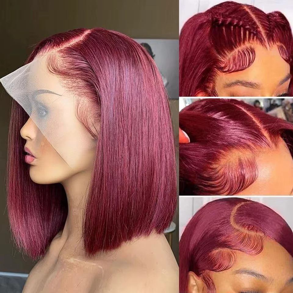 99J bordeaux Bob perruque 13x4 dentelle avant perruques courtes 200% densité droite HD Transparent