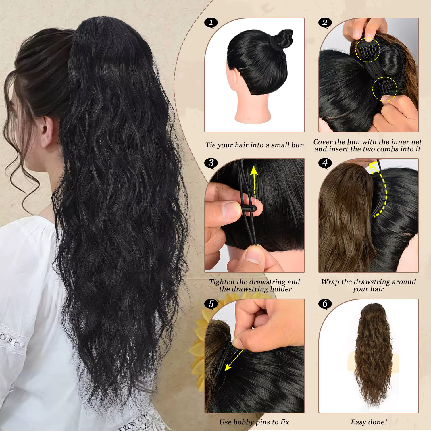 Extension de cheveux queue de cheval ondulée longue bouclée pour femmes cordon