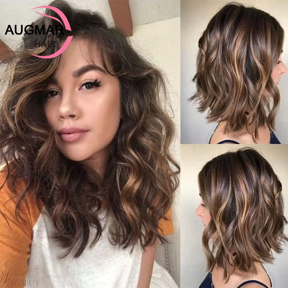 Perruque Brésilienne Naturelle Cheveux Courts Ondulés à Reflets Blonds