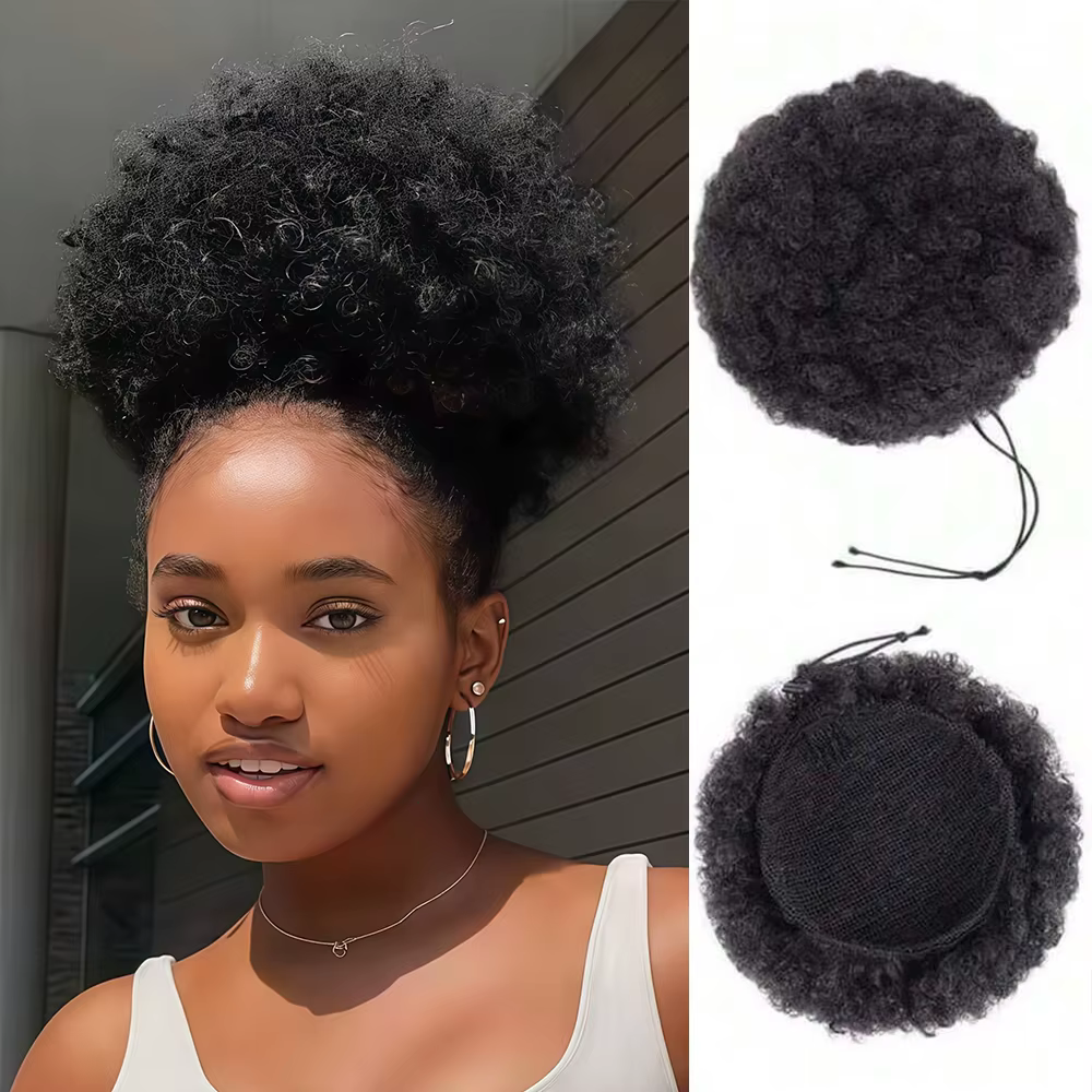 Extension de queue de cheval afro synthétique courte noire avec cordon de serrage pour femmes noires