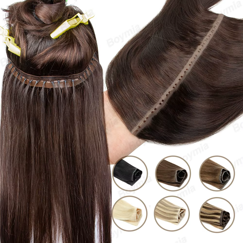 Extensions de trame papillon cheveux humains attachés à la main Invisible PU paquets trou plat Remy double onglets PU