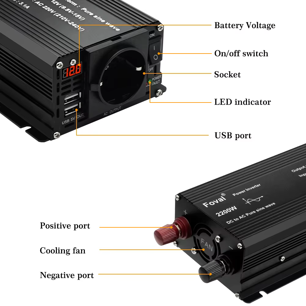 Onduleur à onde sinusoïdale Pure DC 12V à AC 220V 230V 1500W/2200W/2600W, convertisseur de transfert de tension, prise ue universelle, accessoires automobiles