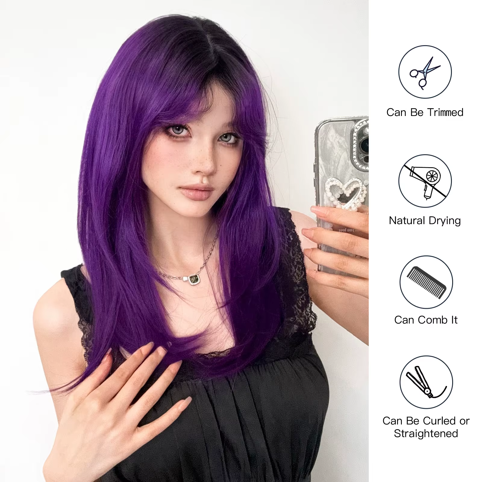 Perruque Synthétique Longue Droite Violet Foncé avec Frange