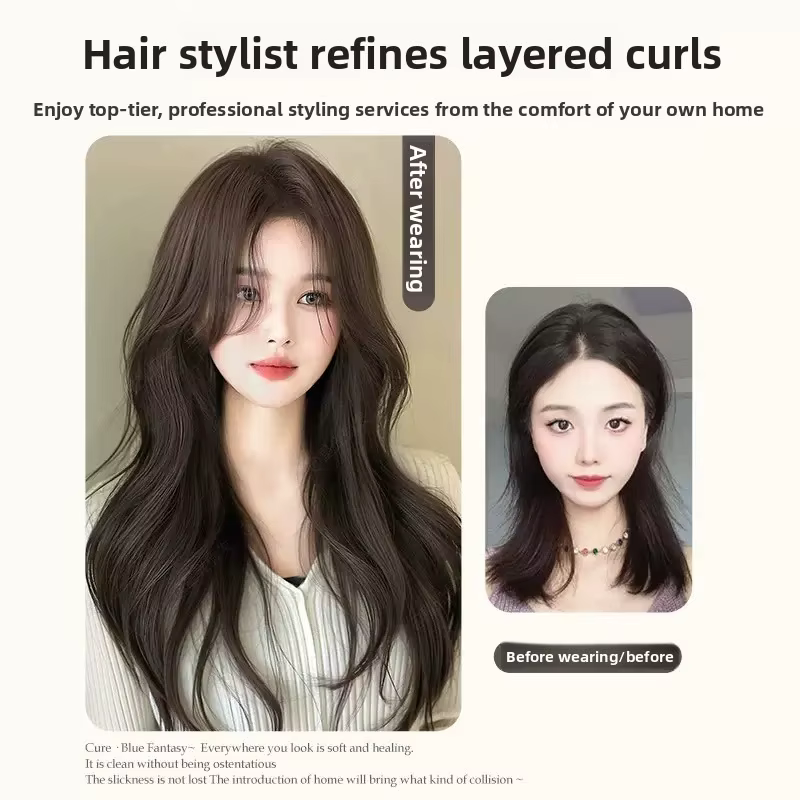 Perruque synthétique longue bouclée invisible sans couture en forme de V pour femmes