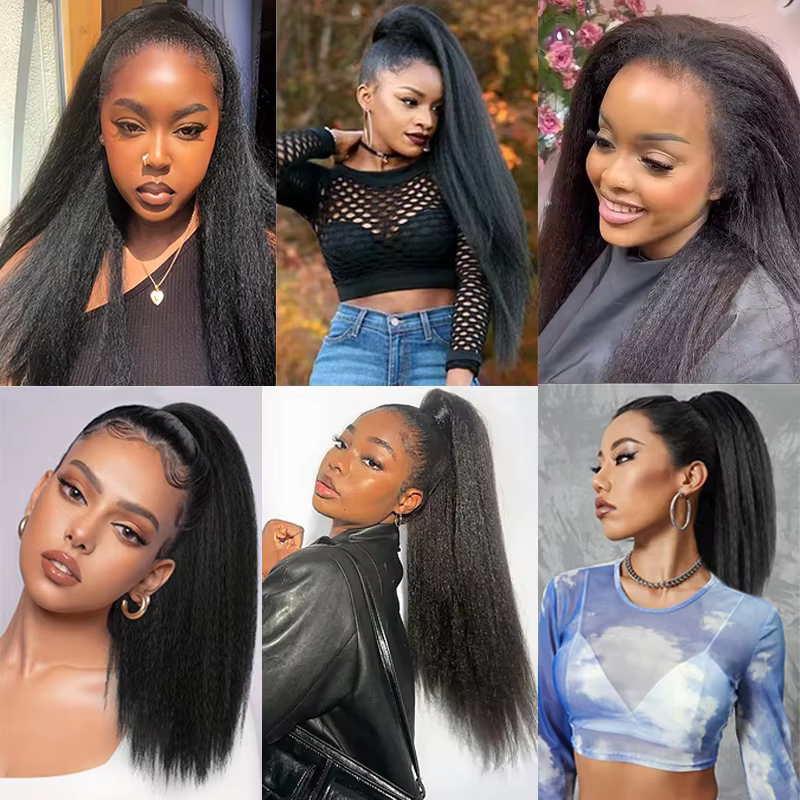 Perruque synthétique Yaki Kinky Straight de 22/28/30 pouces, prête à porter, sans colle, pré-épilée et pré-coupée, pour femmes noires