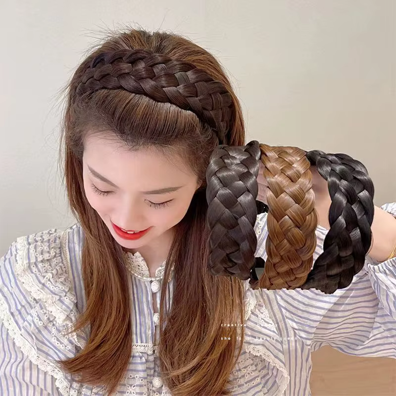 Femmes torsion tresse bandeaux 4.5 cm largeur mode large synthétique perruque