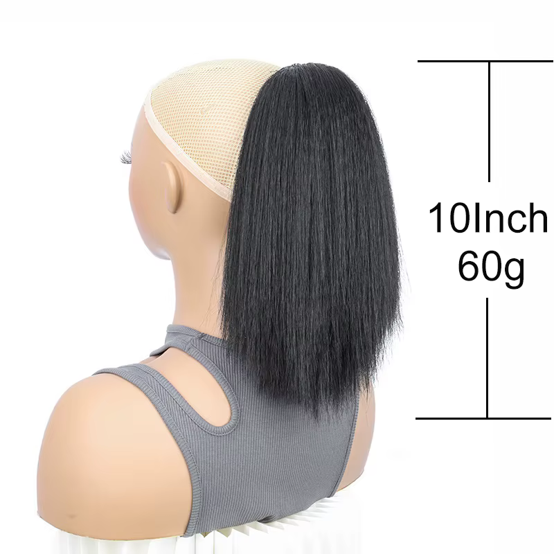 Extensions capillaires synthétiques Yaki courtes et lisses avec cordon de serrage