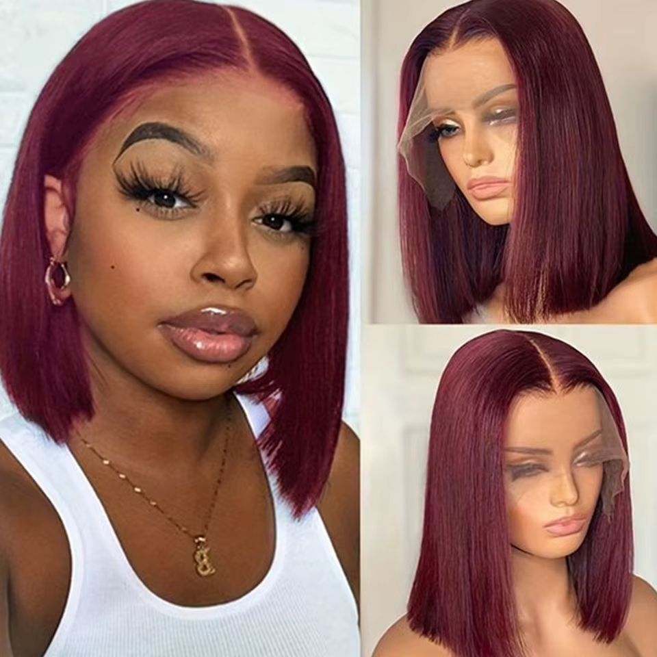 Perruque courte bob transparente HD bordeaux 99J en cheveux humains, avec mèches lisses brésiliennes, perruque frontale en dentelle 13x6x2 pré-épilée pour femmes