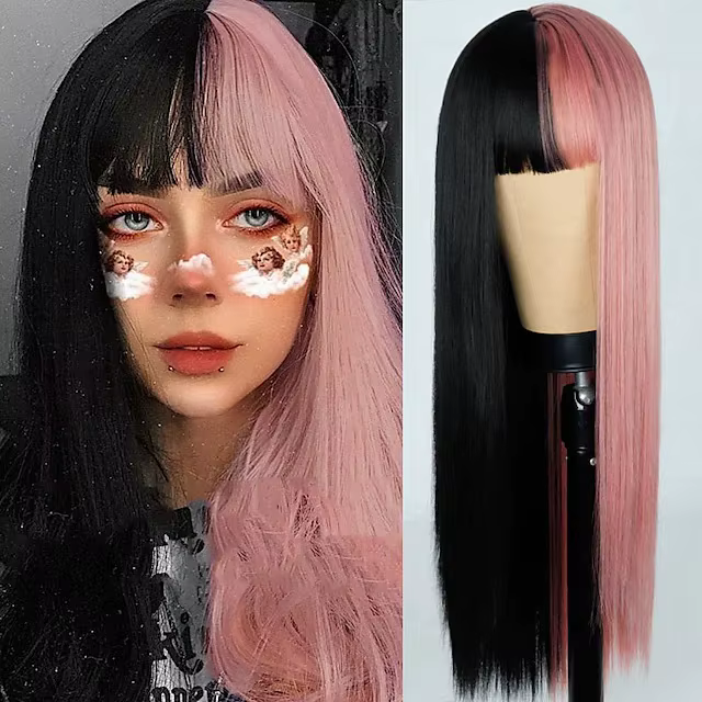 Perruques pour femmes perruque jaune et noire cheveux longs raides