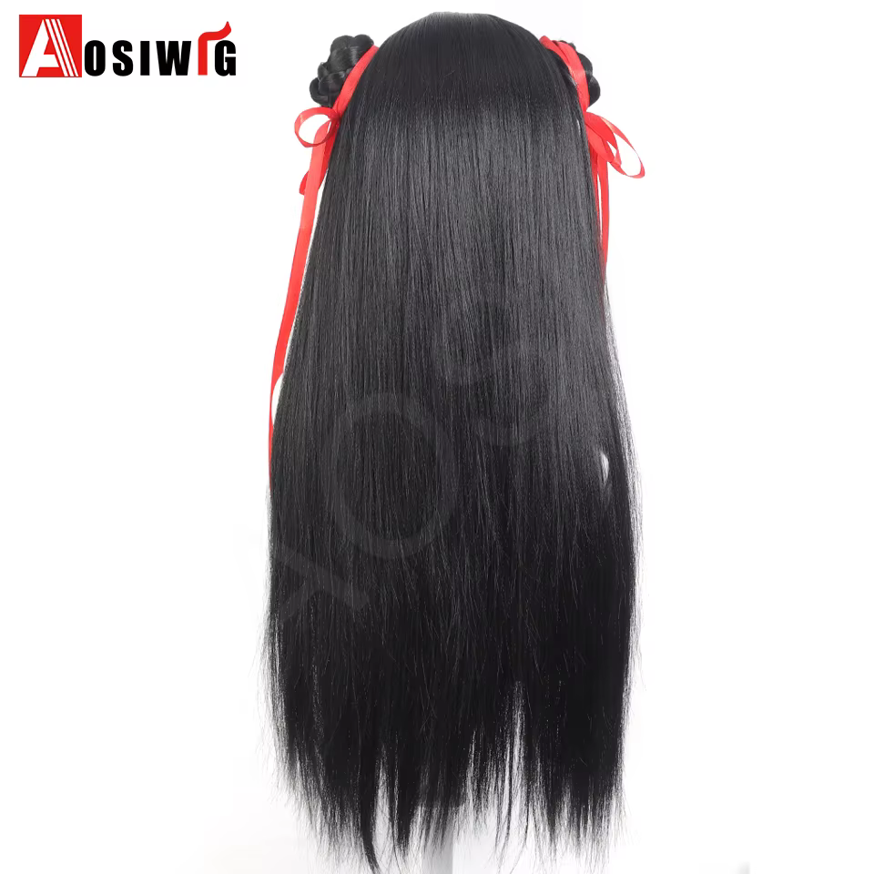 Anime films chinois Cosplay perruque noir cheveux longs raides avec tresse ruban rouge Double chignon styleet
