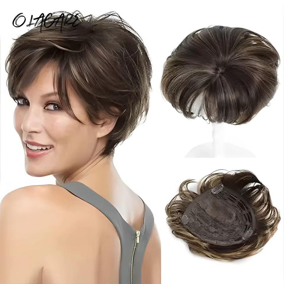 OLACARE court coupe lutin cheveux Toppers pince synthétique dans la tête Topper Extension moelleux naturel faux postiche