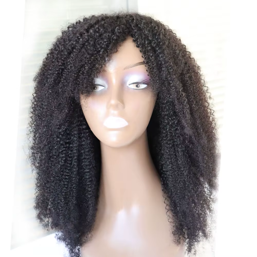 Perruque en cheveux humains vierges brésiliens bouclés afro, fabriquée à la machine, avec frange et boucles, pour femmes noires, de chez Aliexpress