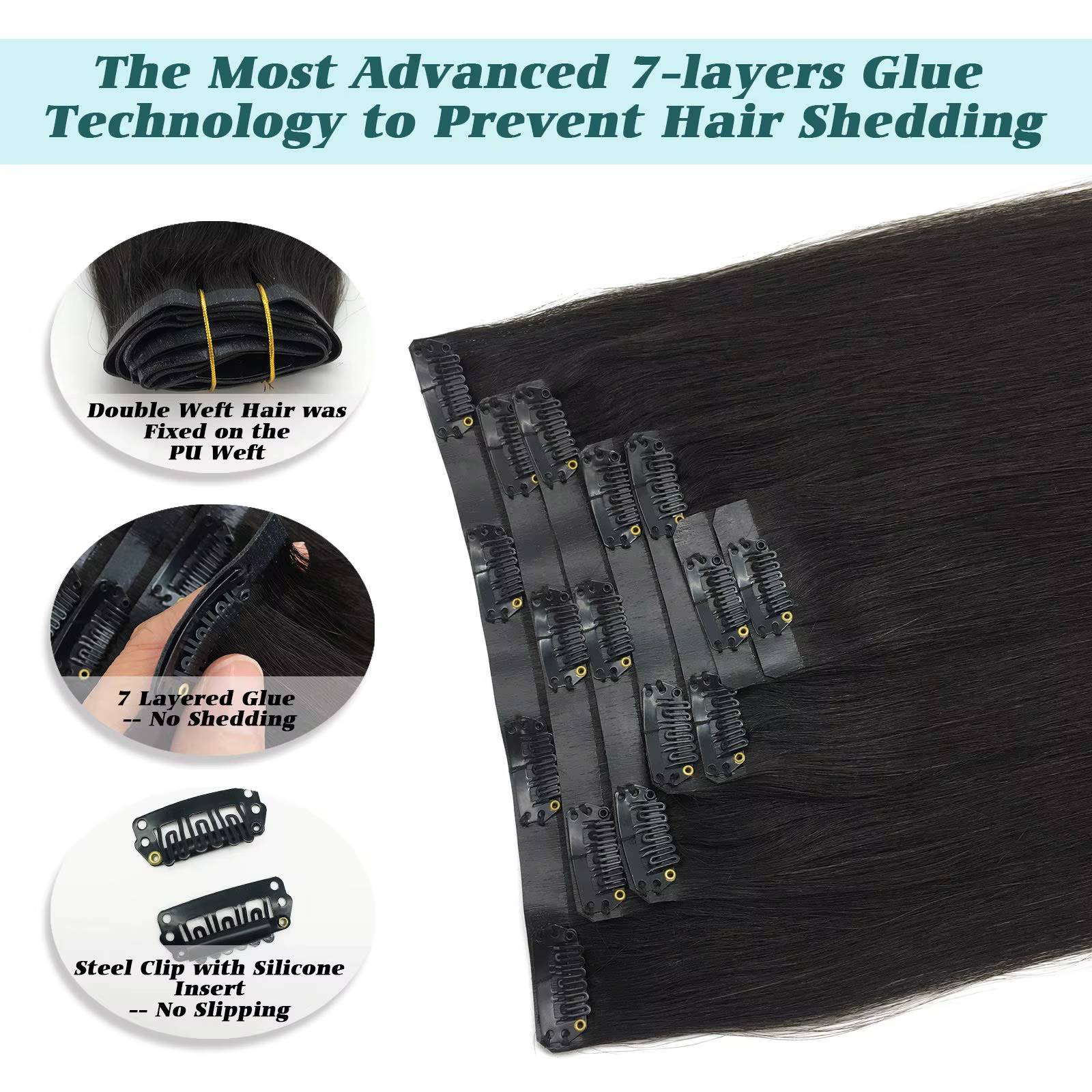 Extensions de cheveux humains à clipser en PU