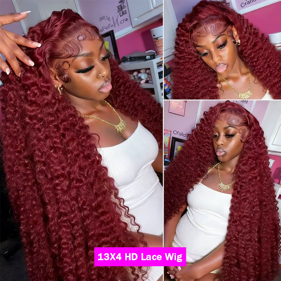 FRIZIRA vague profonde 99J bordeaux 13x6 dentelle frontale perruque cheveux humains 13x4 bouclés 32 36 pouces HD dentelle avant perruques vin rouge vague d'eau