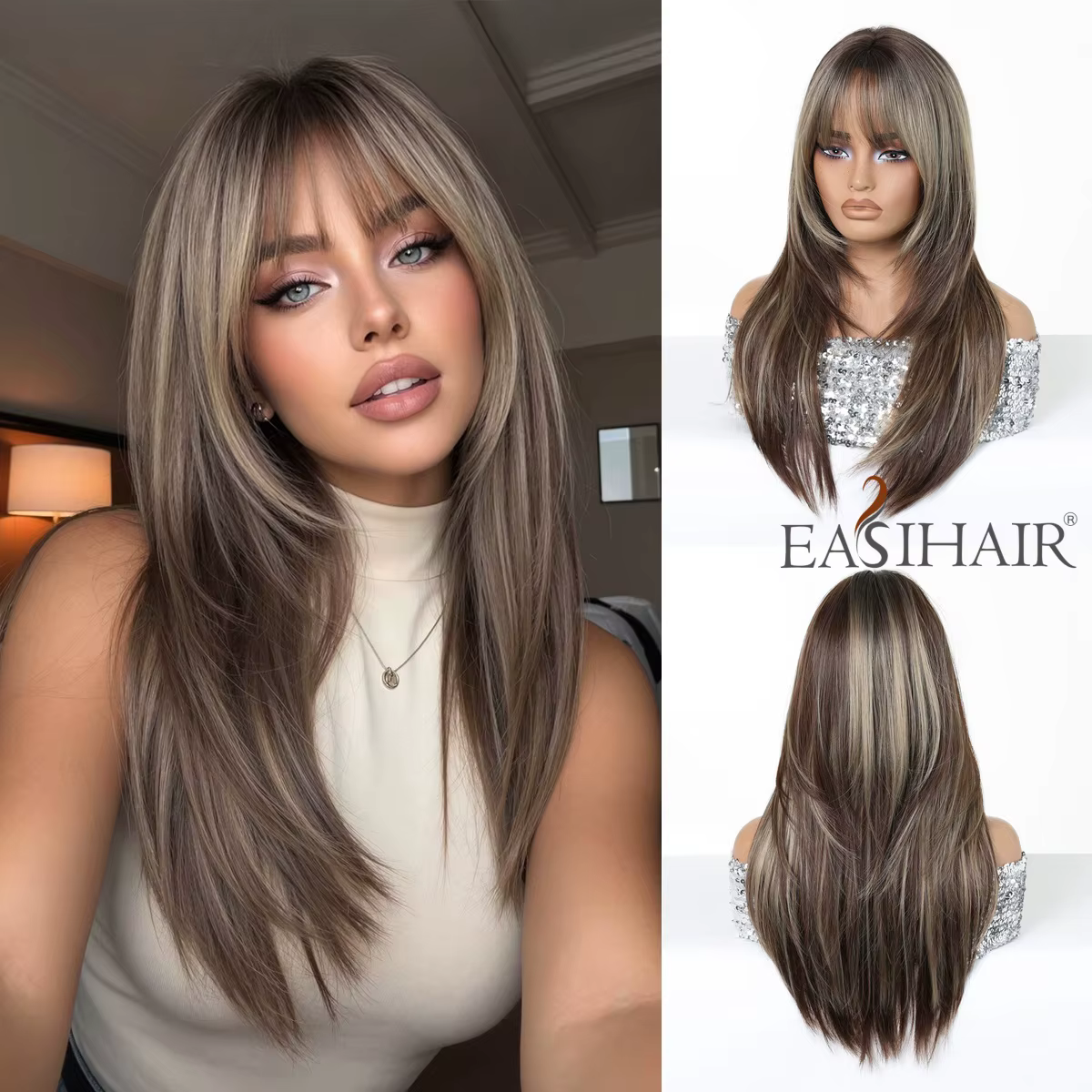 Perruque longue et droite ombrée blond-brun pour femmes avec frange douce