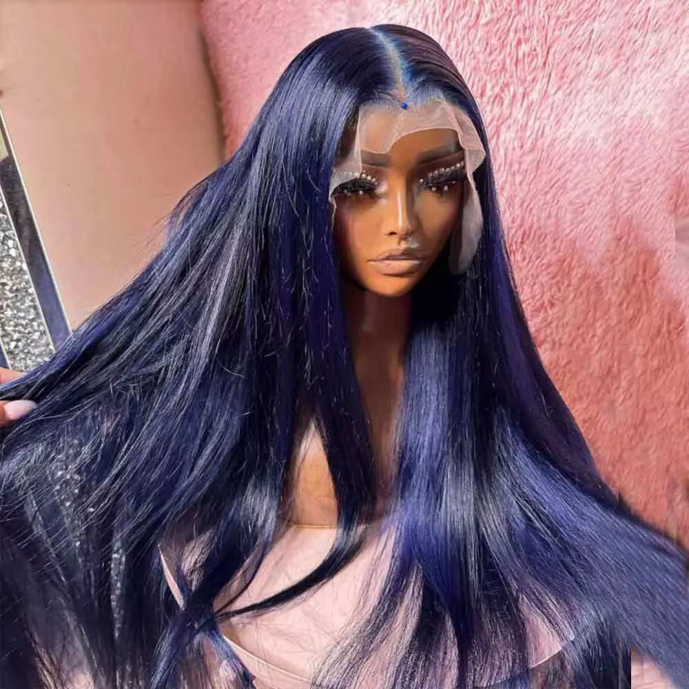 Perruque bleu nuit longue et droite avec dentelle frontale 13x4 HD