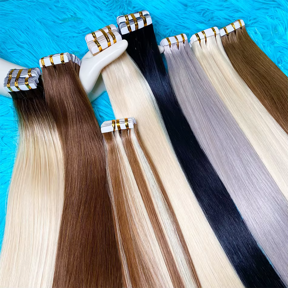 Extensions de cheveux blondes à bandes adhésives invisibles en cheveux humains, trame de peau en PU, 20 pièces, longueur 18-30 pouces, installation facile