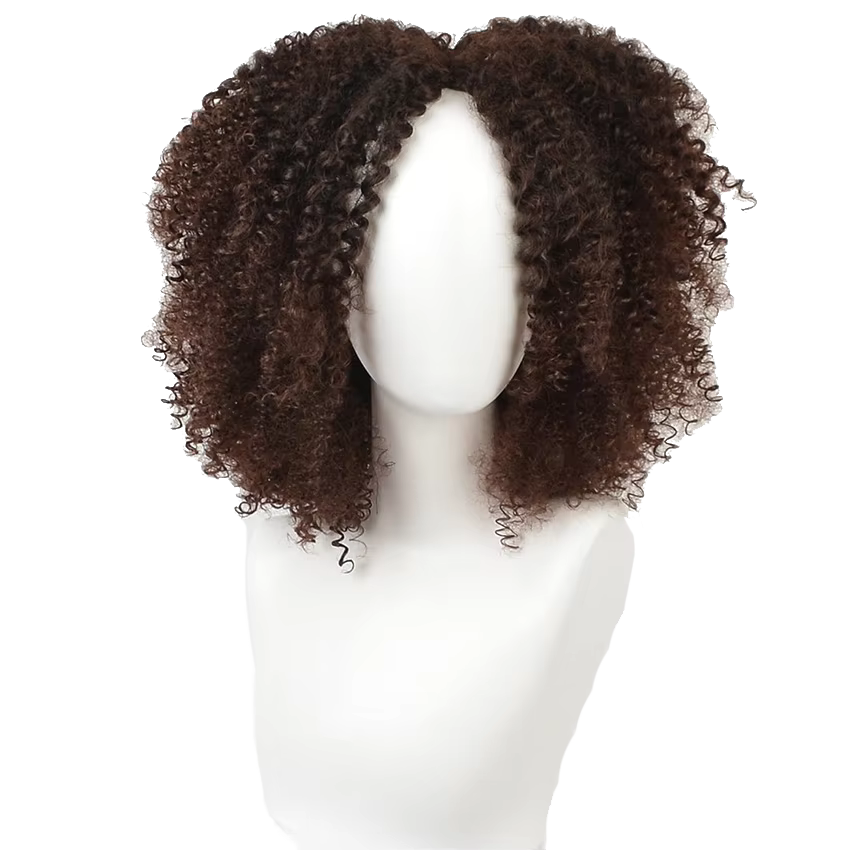 Perruque Afro Bouclée Frisée Marron avec Raie au Milieu