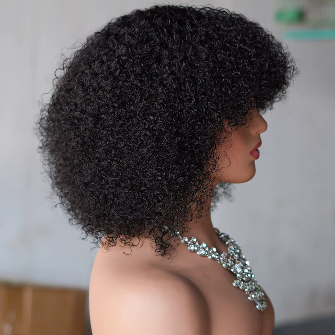 Perruque de cheveux humains crépus bouclés afro mongols avec frange faite à la machine 250% perruques