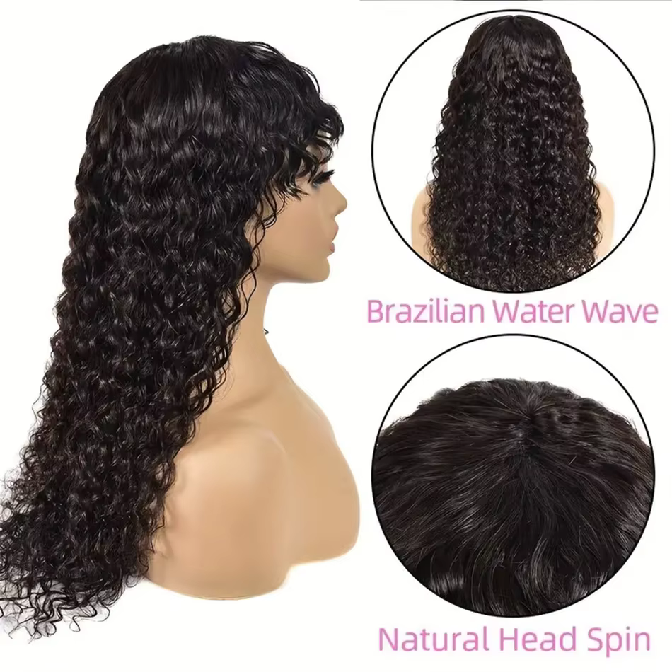 Perruque brésilienne en cheveux humains ondulés avec frange, qualité 15A, fabriquée à la machine pour femmes noires, perruques bouclées à ondulations profondes à prix réduit en promotion