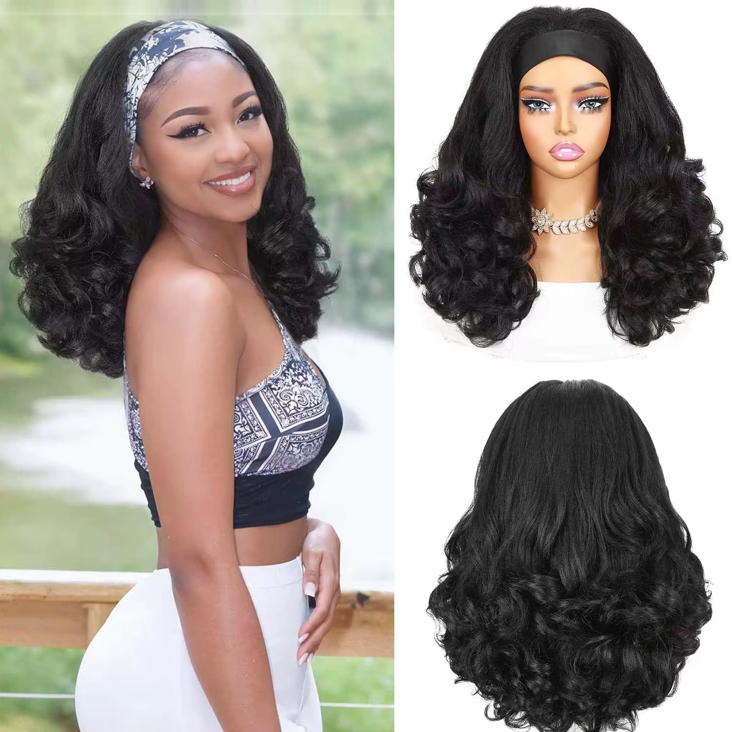 Perruques bandeau bouclées Yaki pour femmes noires - Perruque synthétique sans colle, prête à porter, avec extrémités bouclées et bandeau noir, style Kinky Straight