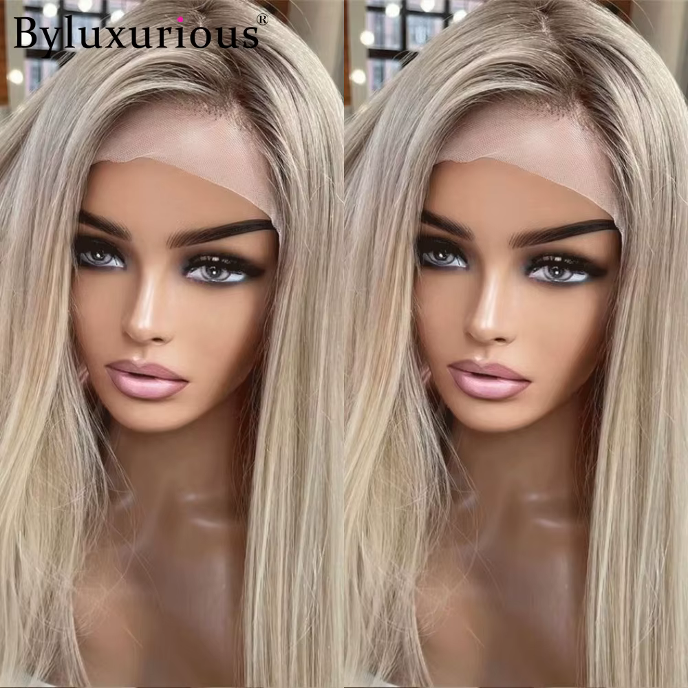 Byluxurious mettre en évidence cendré Mica gris droite 100% perruque de cheveux humains 13x 6/5x5 sans colle prêt à