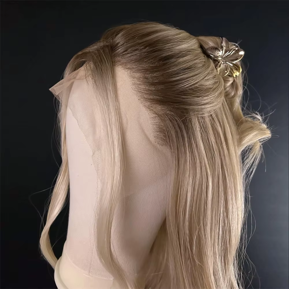 Perruque Lace Front Wig Balayage Blonde, partie libre, HD, aspect réaliste, racines brun foncé, fibre synthétique ondulée naturelle résistante à la chaleur