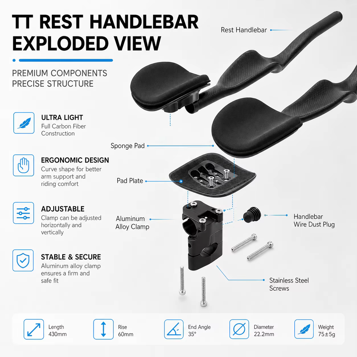 ULLICYC vélo de route Triathlon temps d'essai, repose-vélo entièrement en carbone mat/brillant 3K guidon TT 35 °   Pour guidon d'extension Aero
