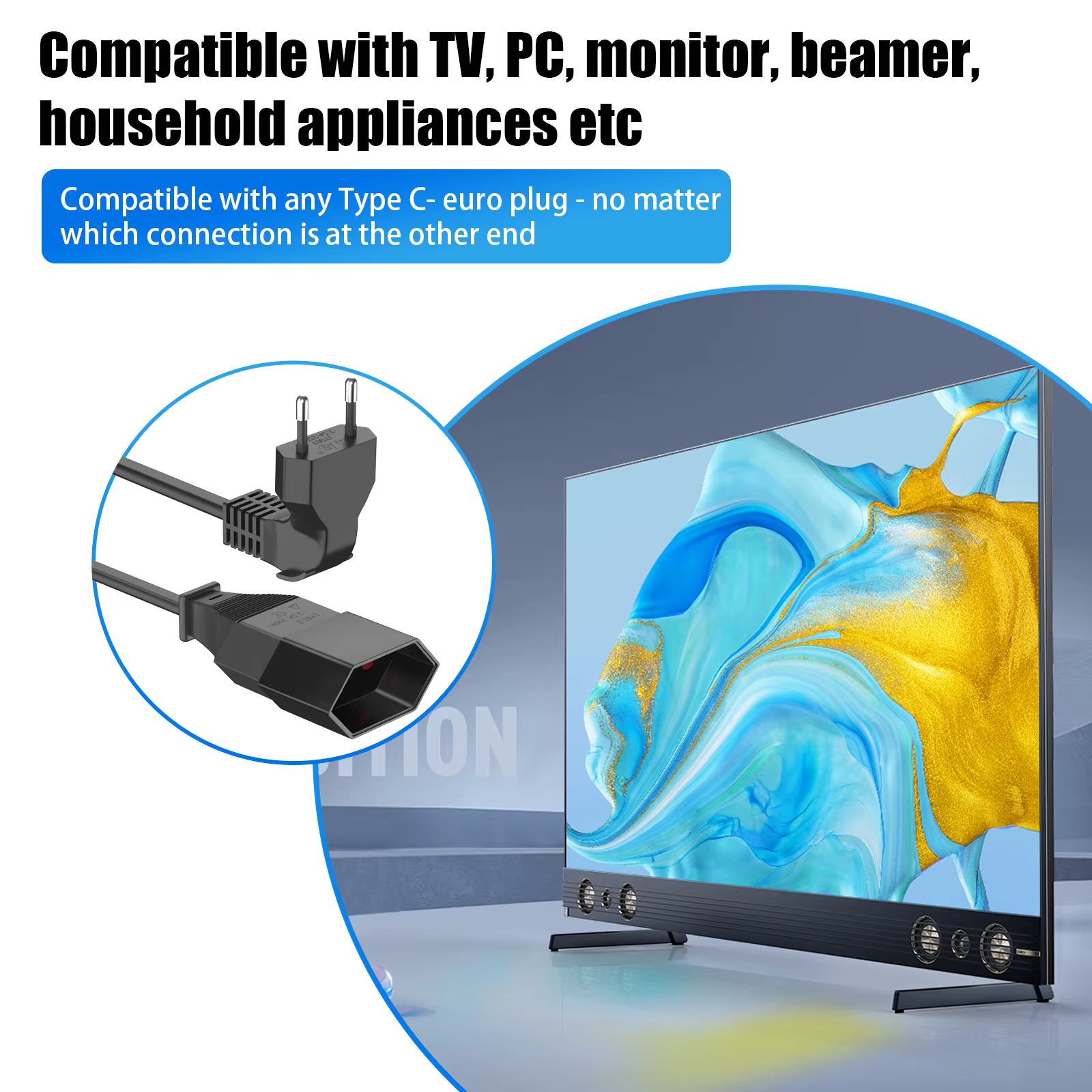 Câble d'extension 2 m à 90 degrés, cordon d'alimentation à prise européenne bidirectionnelle, prise Triple type C 2,5 A/250 V pour TV, PC, ordinateur, moniteur, projecteur