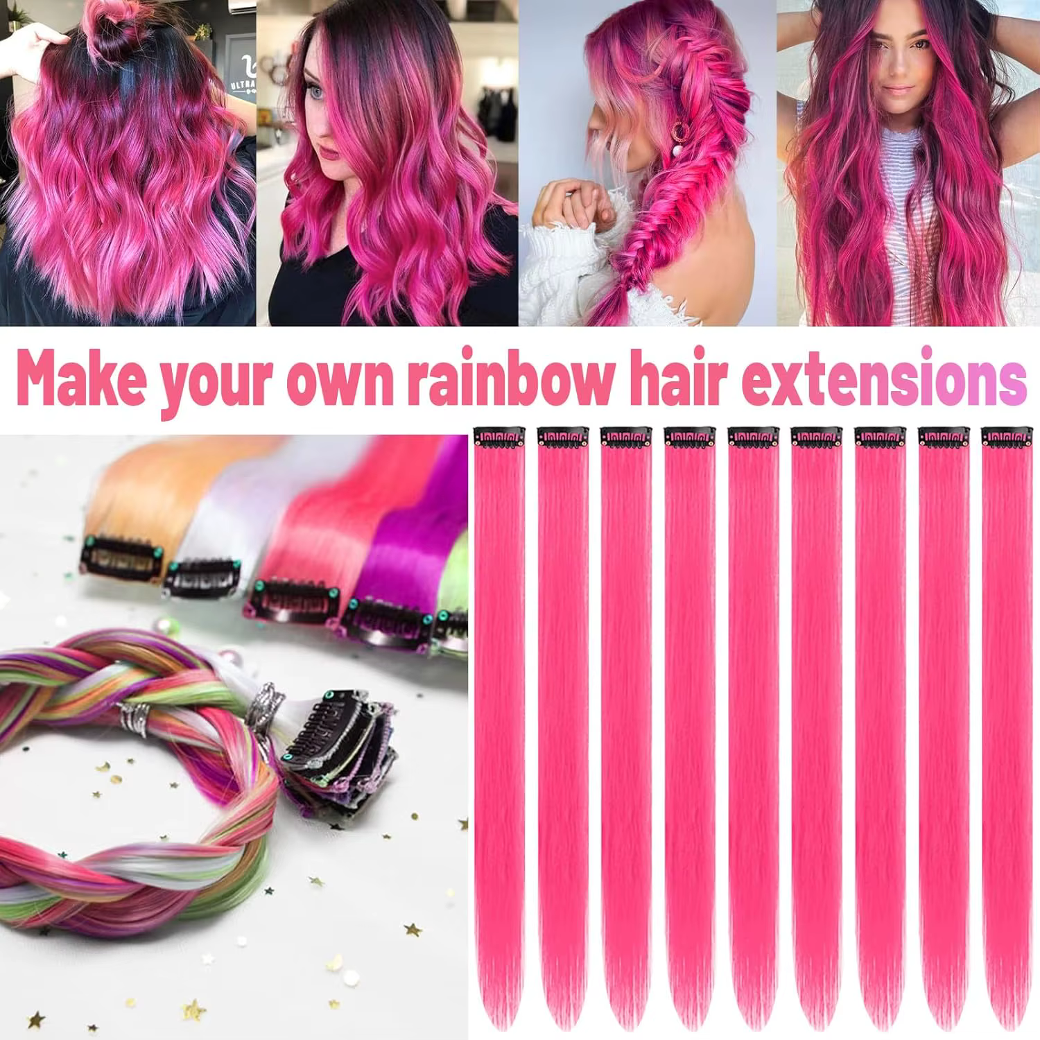 6 pièces Extensions de cheveux rouge Rose à clips