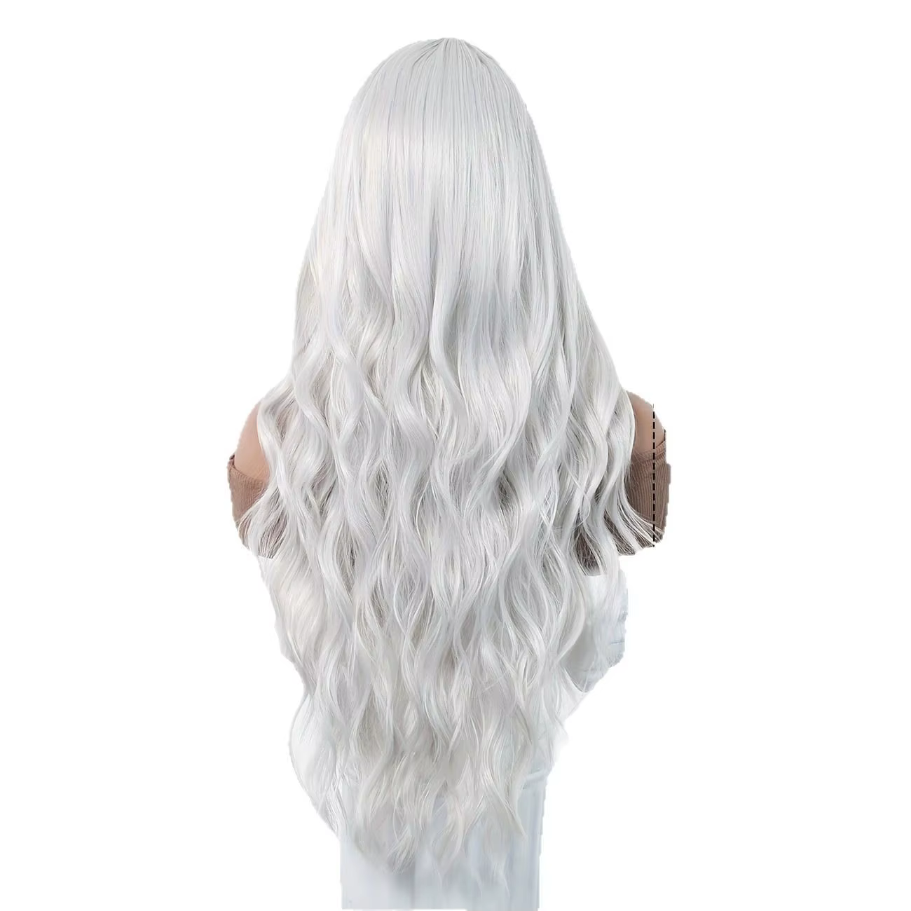 Perruque synthétique longue bouclée ondulée blanche argentée